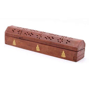Porte-encens coffre Bouddha 31cm bois sculpté avec motifs dorés