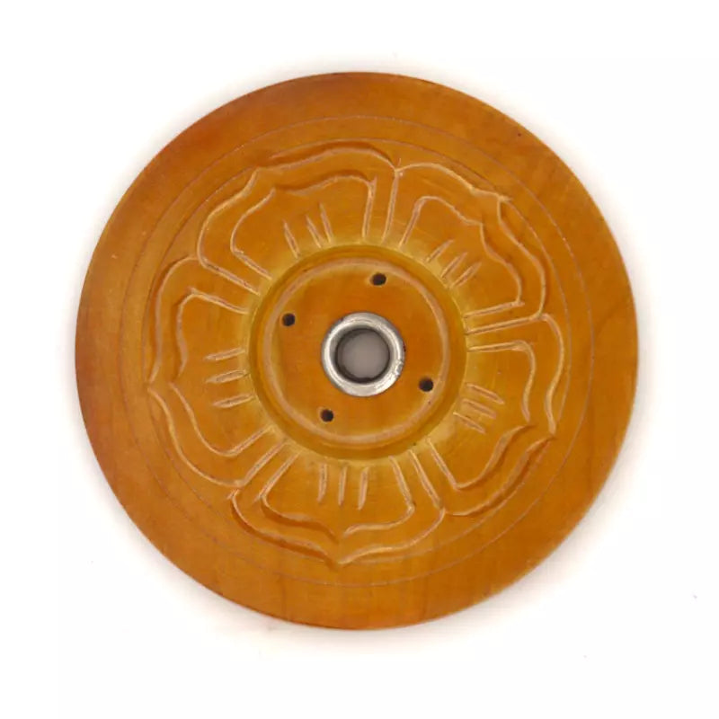 Porte-encens Tibétain rond en bois avec motif fleur