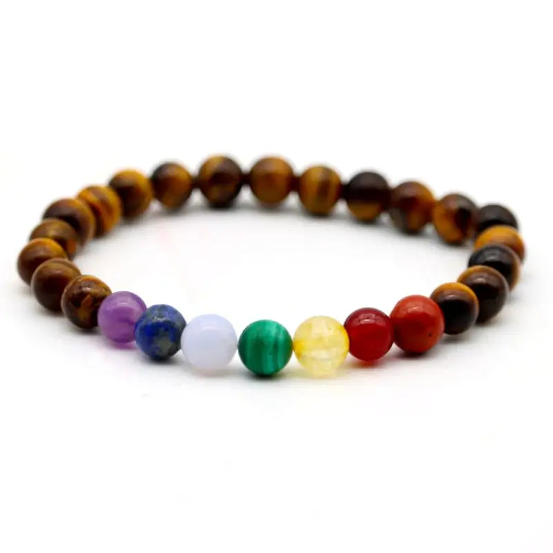 Bracelet Oeil de tigre marron 7 chakras pierres naturelles fait-main en France