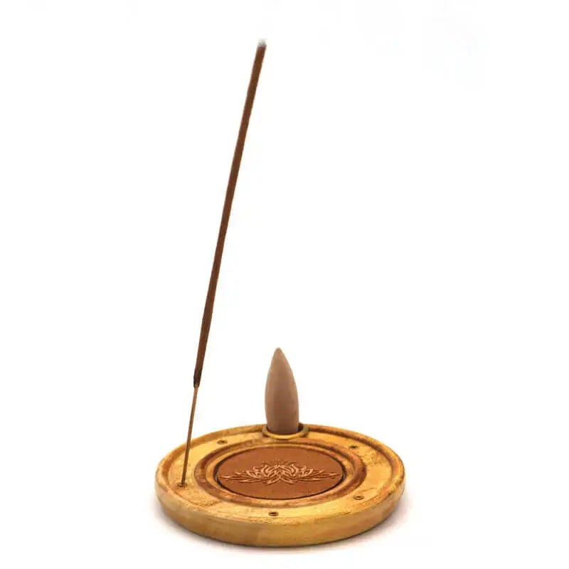 Porte-encens rond fleur de lotus 10cm en bois sculpté
