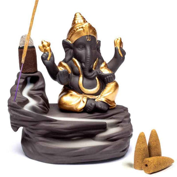 Porte-encens backflow en céramique 10cm | Ganesh doré