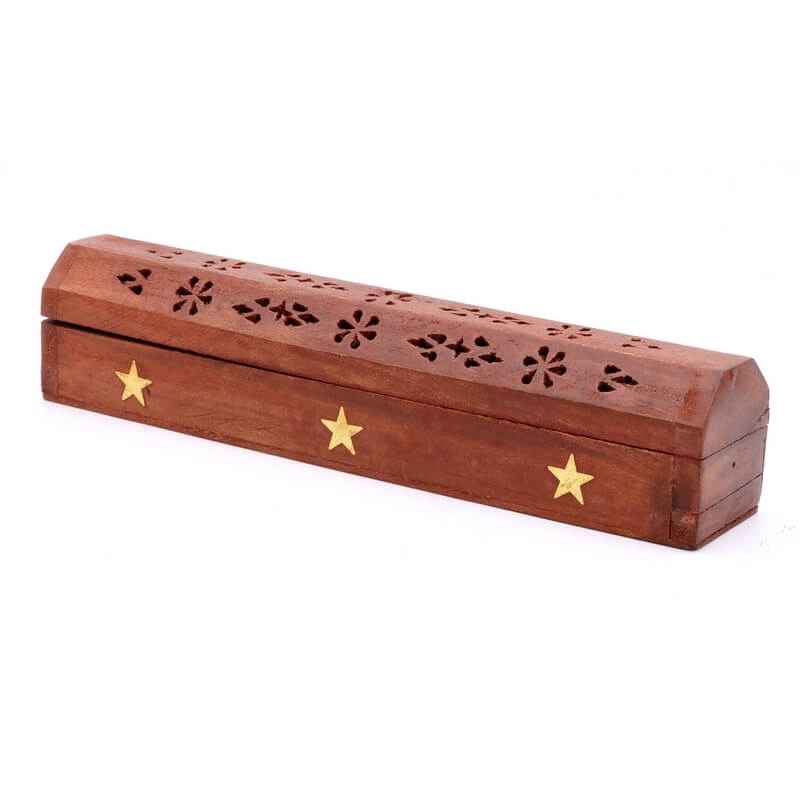 Porte-encens coffre Etoiles 31cm bois sculpté avec motifs dorés